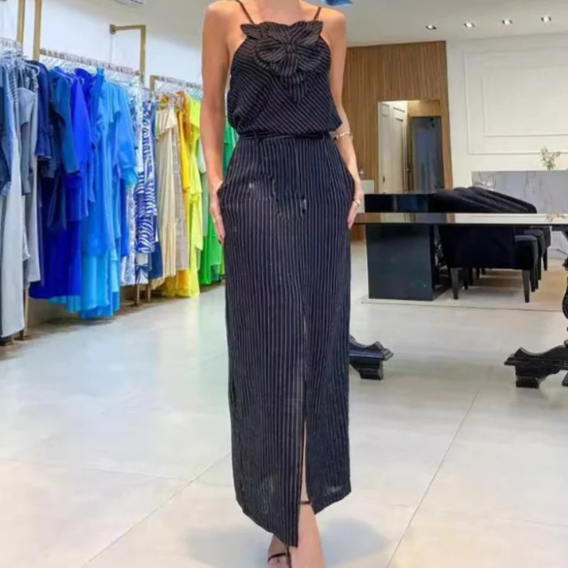 Maxy Skirt Set Women Dress Sets Two Piece Sets Slim Sling Sleeveless Floral Casual Short Tops Mid Length Skirts Elegant Splice Summer