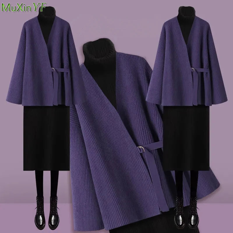 Maxy Women Autumn Winter Sweater Knit Turtleneck Dress 1 or Two Piece Set Lady Graceful Purple Jacket Black Bottoming Dresses Outfits
