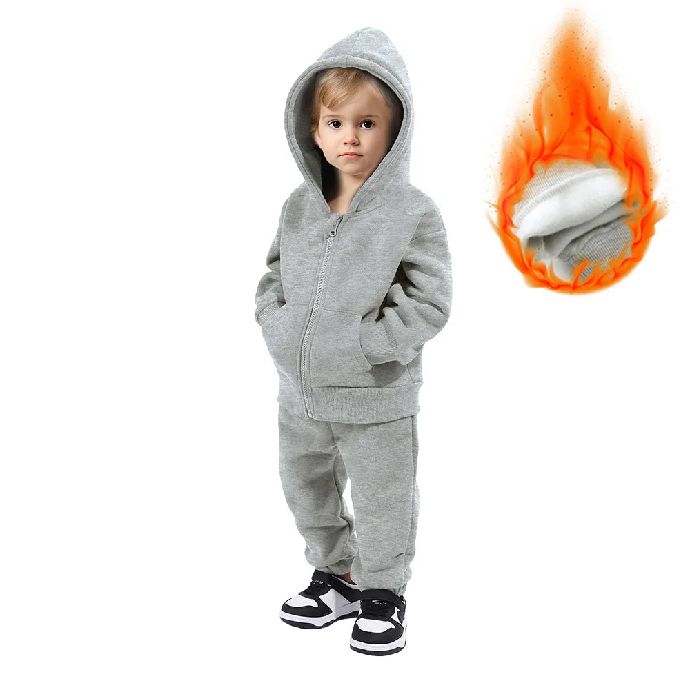 Maxy Children Hooded Tracksuits Suits Toddler Boys Girls Clothing Solid Plush Autumn Winter Sweatshirt Jacket Coats Sports Pants Set