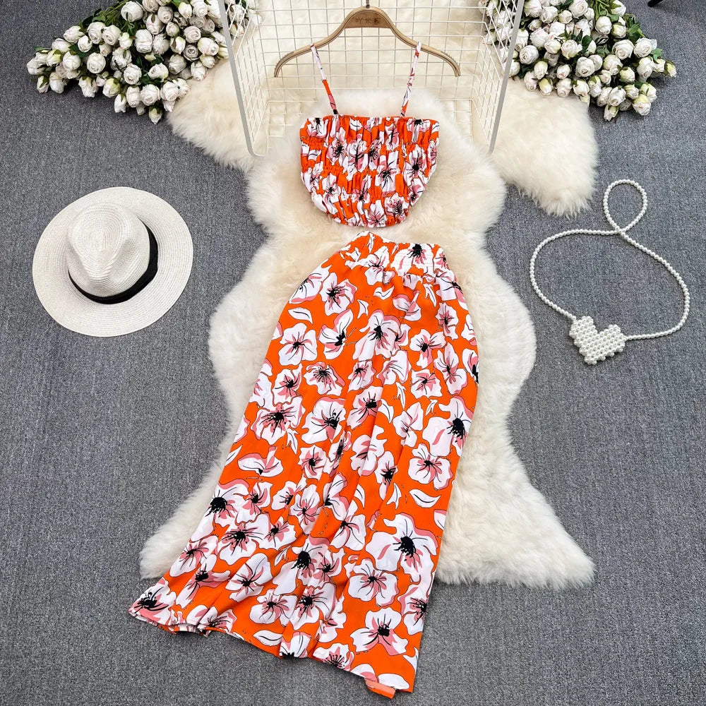 Maxy Summer Floral Print Two Pieces Set Women Fashion Elegant Casual Fold Sleeveless Tops And Long Skirt Sexy Slim 2 Piece Sets