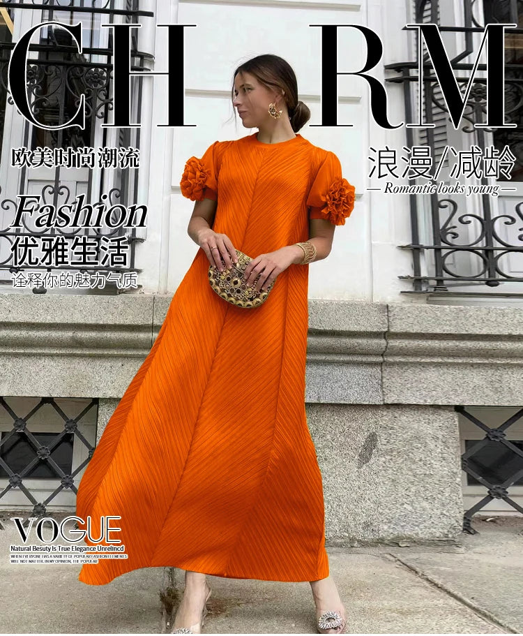 Maxy Pleated Heavy Industry Flower Disc Geometric Pleated Dress Versatile Age-reducing Mother Outfit for Women