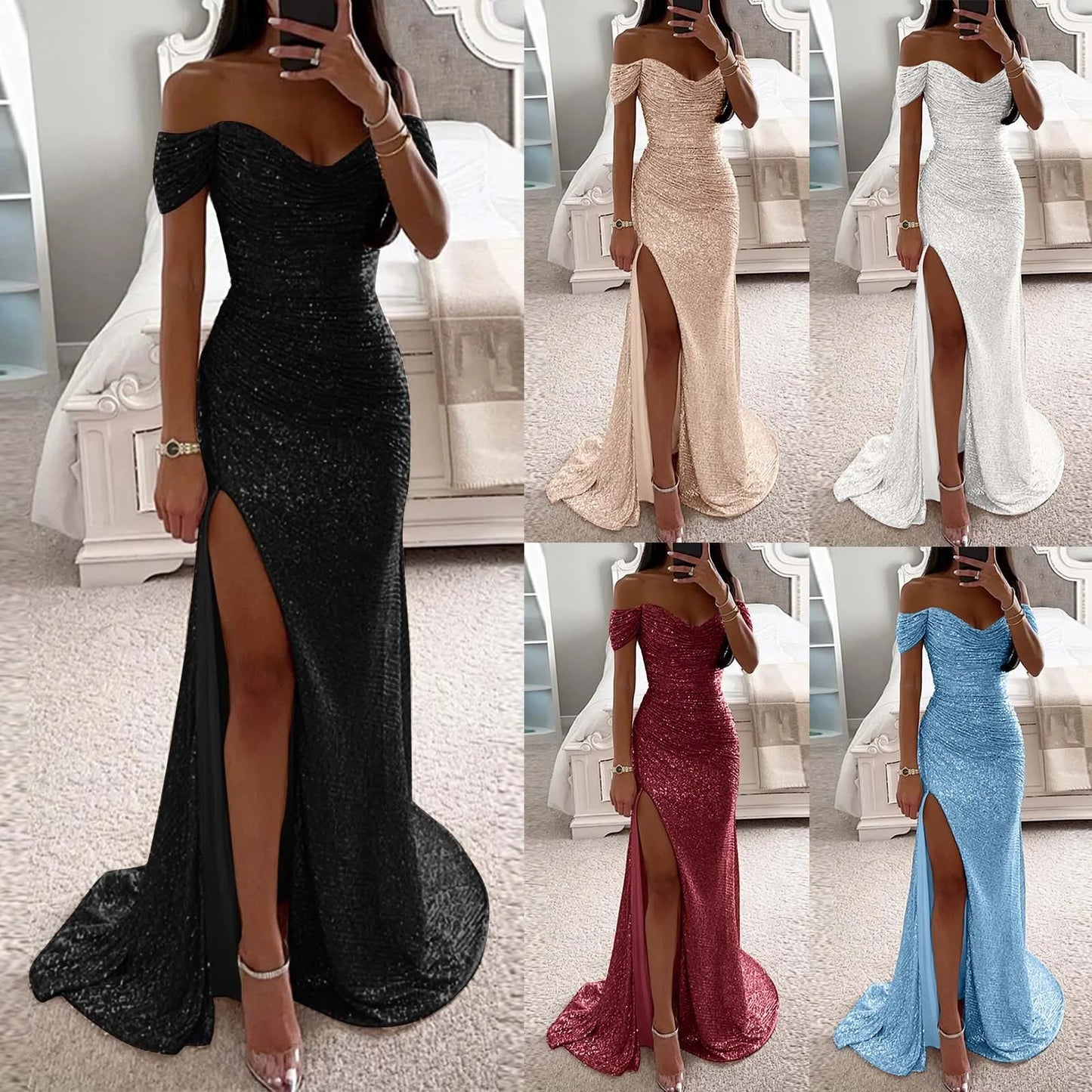 Maxy Women Fashion Slim Elegant Contrast Patchwork Dresses Women's Party Evening Prom Gown Sequin Fashionable Dresses