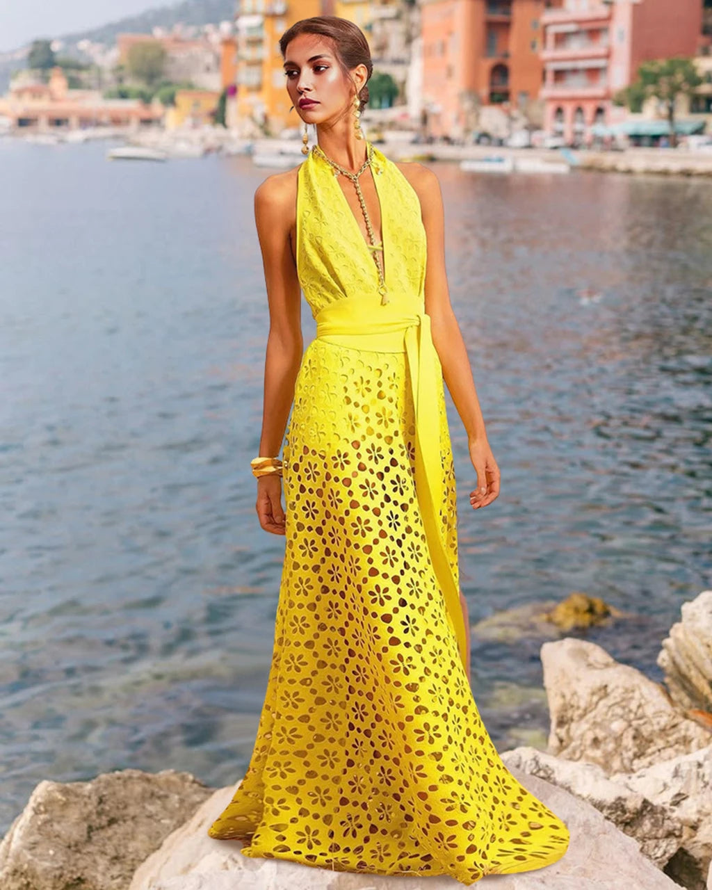 Maxy Yellow Bikini Women Solid Cover Up Two-Piece Swimsuit Deep V Neck Bathing Suit Hollow Out Monokini Long Skirt Swimwear