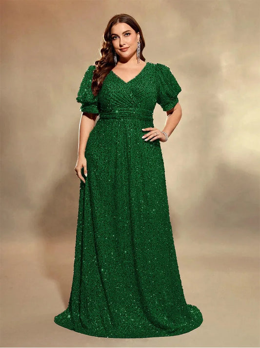 Maxy Plus Size V Neck Short Sleeve Sequin Pink Floor-length Evening Dress 4XL 5XL Big Size Shiny Multicolor Banquet Evening Dress