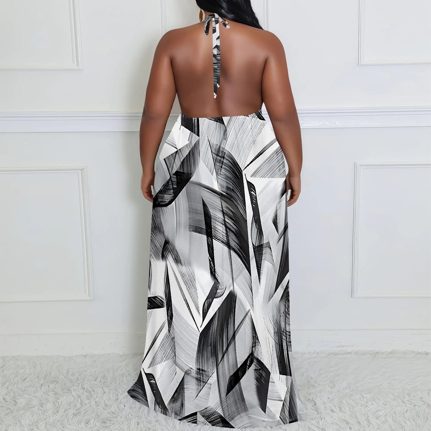 Maxy Plus Size Women's Casual Long-sleeved Dress for Women Sexy 3D Printed halterneck dress Loose Plus Size Dress