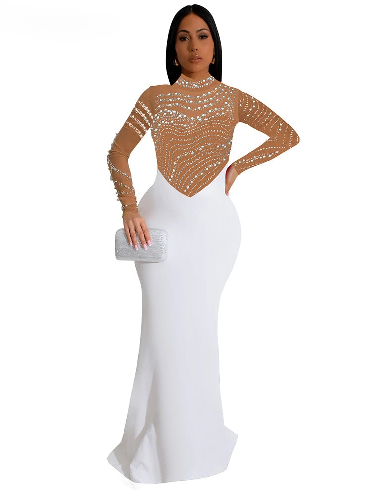 Amay Women's Crystal Embellished High Slit Long Maxy Dress Gown Glam Long Sleeve Diamonds Party Dress Celebrities Outfits