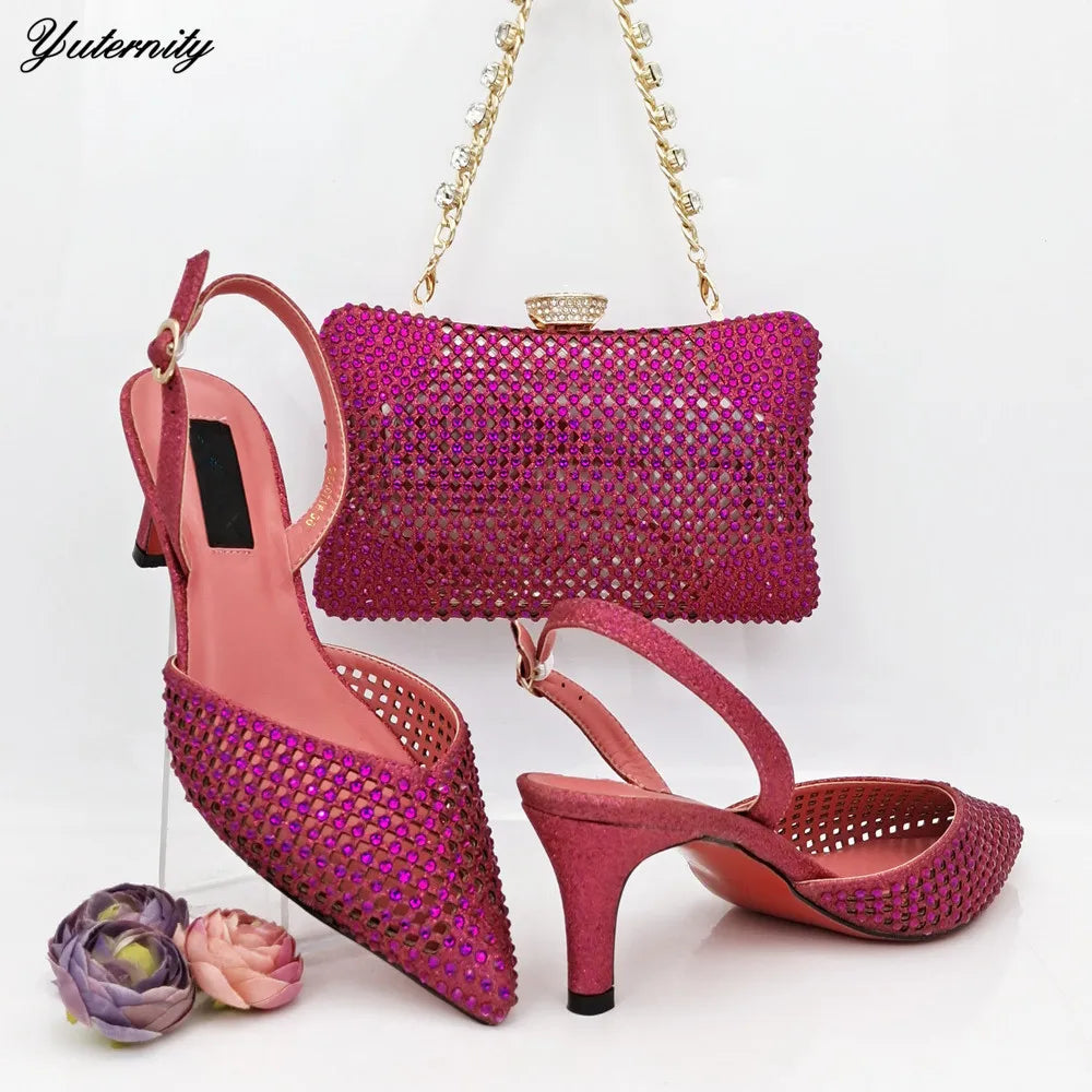 Maxy Summer Fashion Rhinestone Ladies Sandals With Bag Set For Wedding Dress New Arrival Fuchsia Color Sandal Shoes And Bag Set