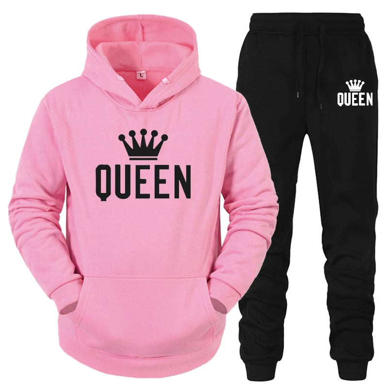 Maxy Hot Sale Couple Fashion Tracksuit King Queen Hoodies and Sweatpants High Quality Men Women Daily Casual Sports Jogging Suit