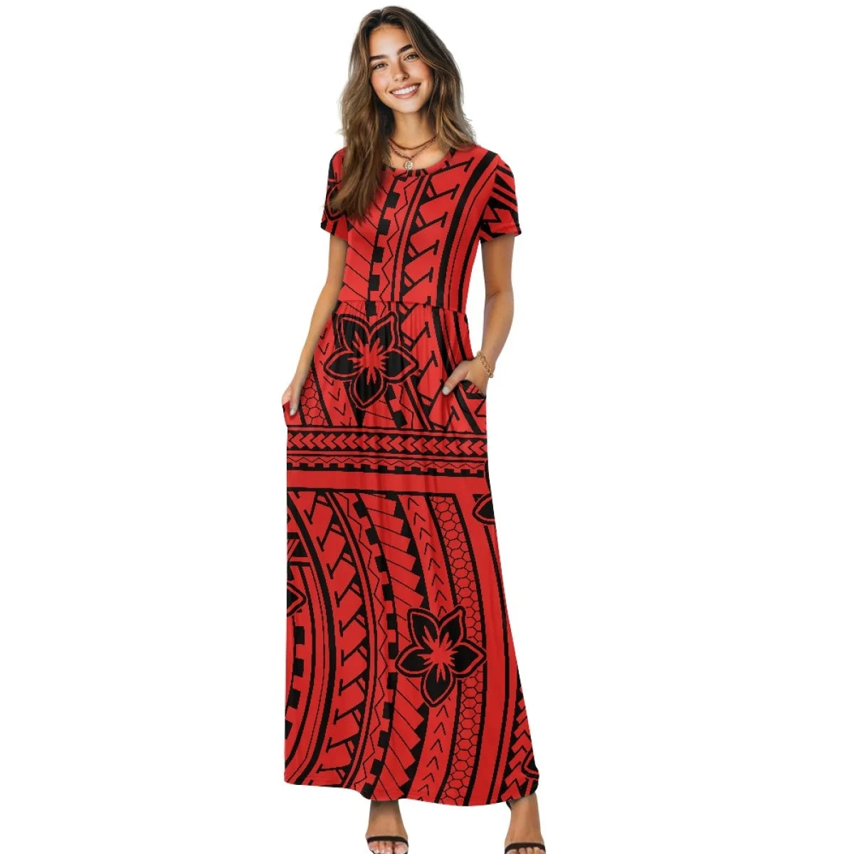 Maxy New Plumeria Style Short Sleeve Pleated Casual Dress Polynesian Loose Pocket Long Dress Women's Casual Comfortable