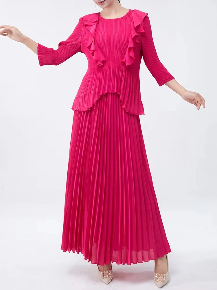Maxy Pleated Two Pieces Sets Women Ruffles Irregular T Shirt + A Line Loose Skirt New Female Elegant Lady Clothing 6R4839