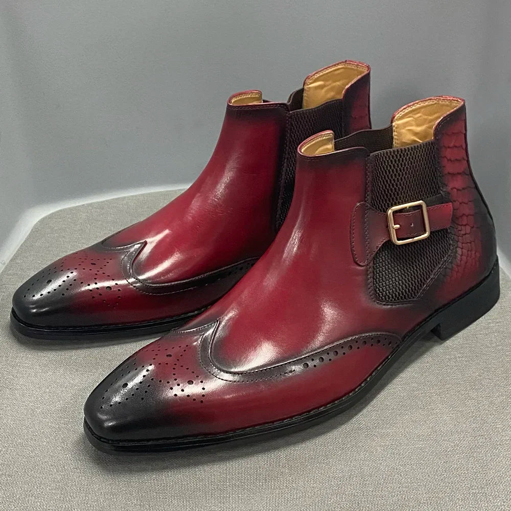 Visco Men's Real Cow Leather Ankle Boots, Slip on Buckle Strap Wing Tip Luxury Design Classic Dress Boots Handmade Basic Shoes for Men