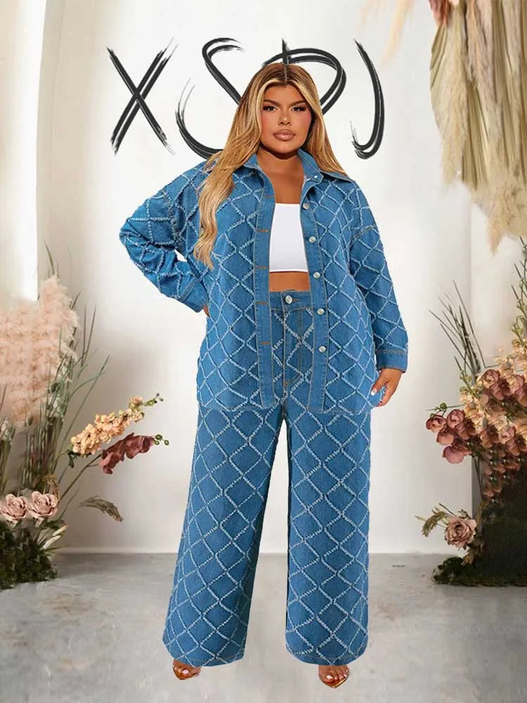 Maxy 2 Piece Set Women Jeans and Jacket Winter Casual Outfits Long Sleeve Denim Plaid Coat and Pants Sets Plus Size Clothes