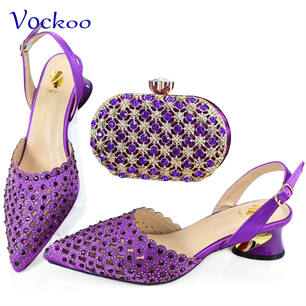 Maxy Fashion Purple Color Magazine Hollow Design Noble and Elegant Women's Low Heeled Shoes Paired with Evening Bags.
