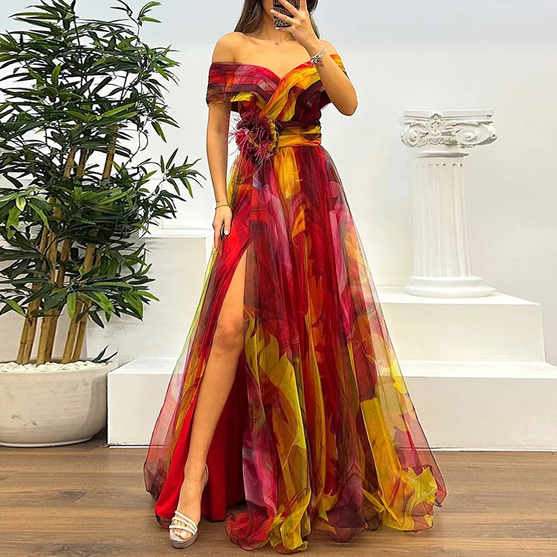Maxy Spring Summer New Mesh Evening Dress Vintage Pattern Printed High Waisted Long Dress New One Shoulder Pleat Banquet Swing Dress