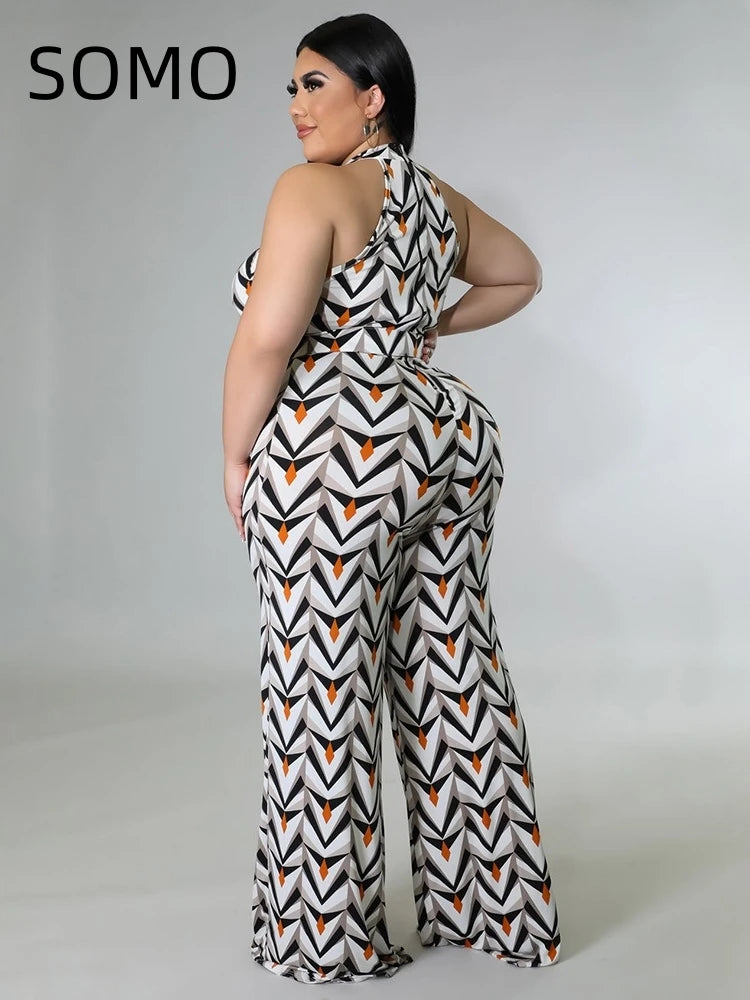 Amay Plus Size Women Jumpsuit Sleeveless Casual Hanging Neck Print with Belt Large Size Romper Wide Legs 2024 New Dropshipping