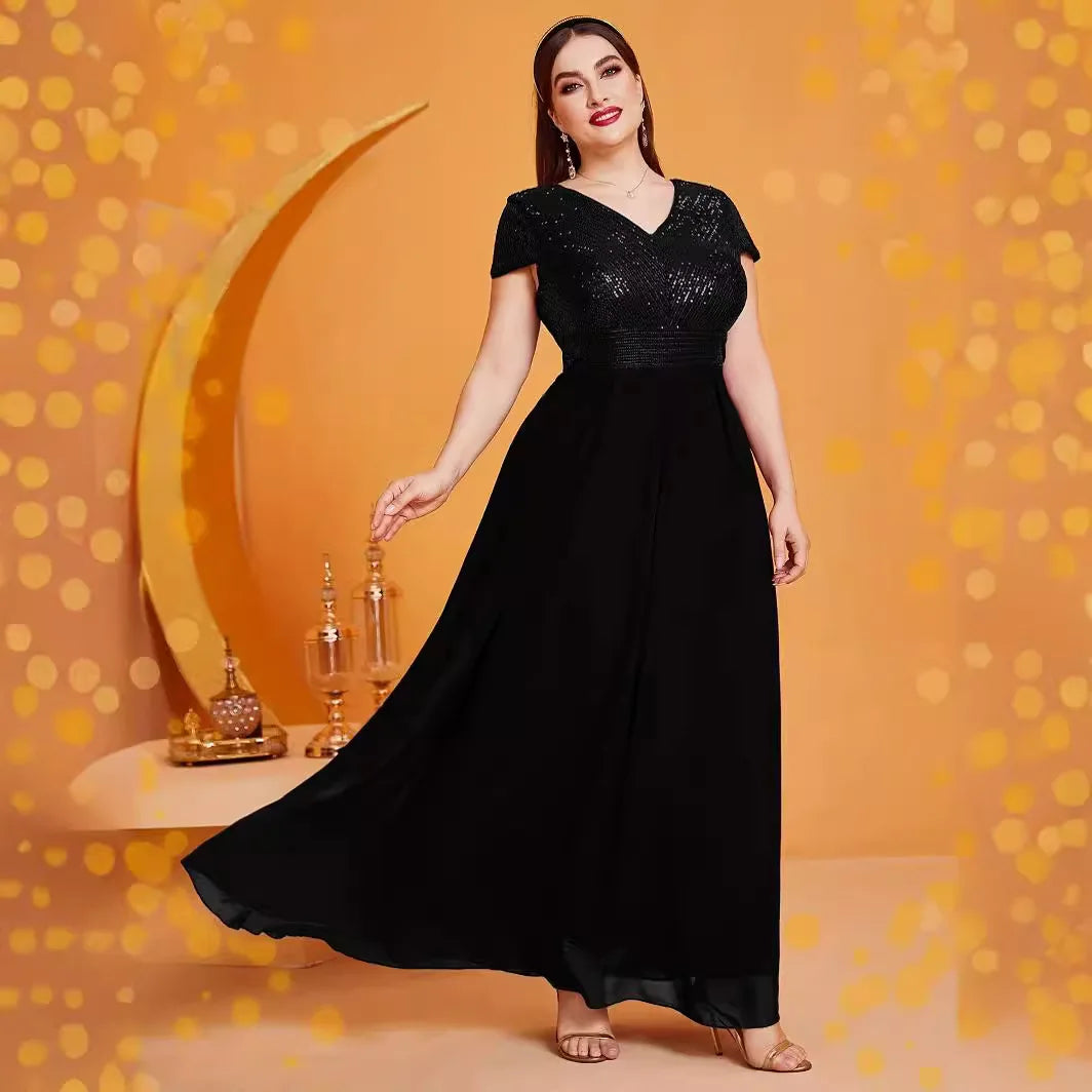 Women Plus Size Party Dresses 2024 New Fashion V-neck Short-sleeved Sequin Dress Fashion Temperament Elegant Evening Dresses