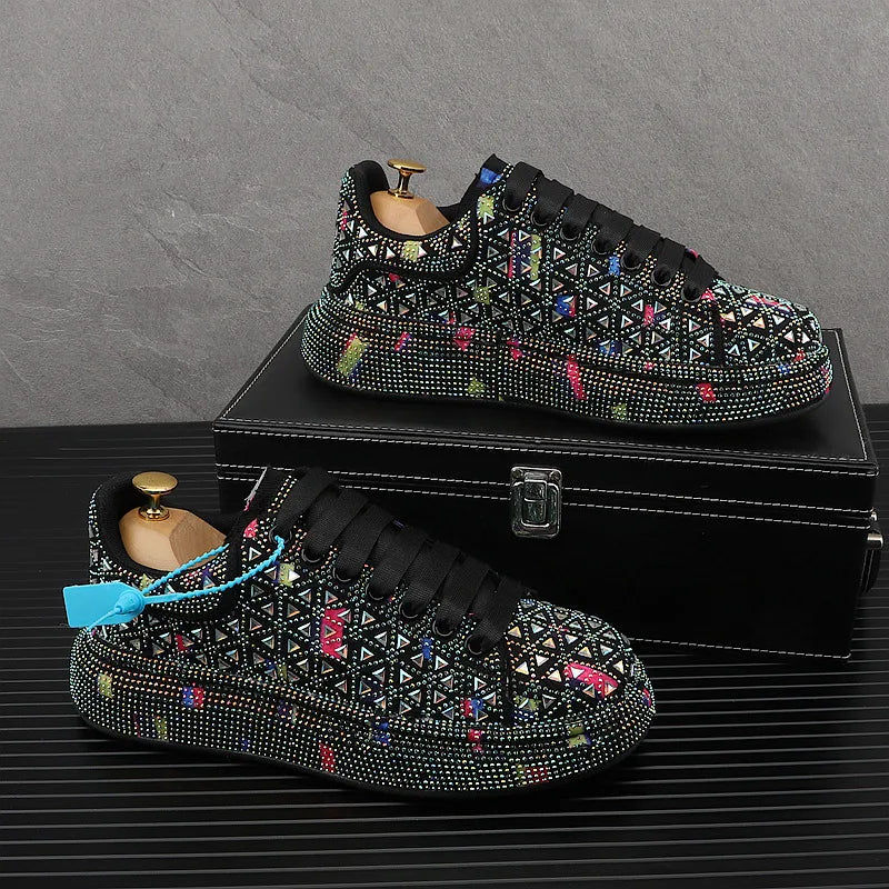 Visco European Rhinestone Thick Soled Casual Sport Shoes Men's Spring Summer Fashion Luxury Sneakers Youth Male Flats Outdoor Derby