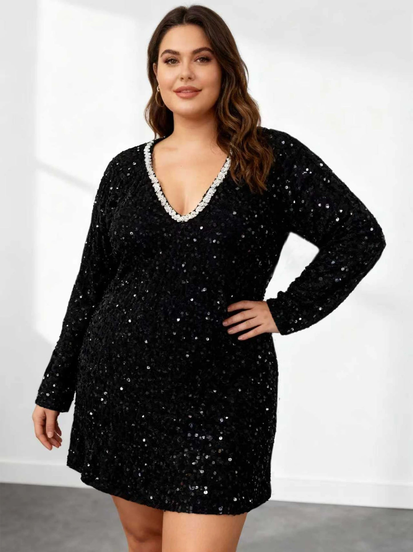 Maxy Women’s Plus Size Sequin Dress with Beaded V Neck Elegant Long Sleeve Sparkly Party Evening Dress Comfortable Slimming Fit
