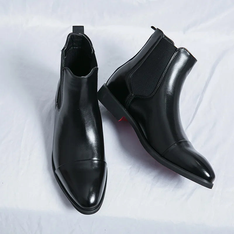 Visco Classic Black Men's Leather boots Comfortable High Top Pointed-Toe Slip-on Dress Shoes Man High-Quality Big Size 46 Chelsea boots