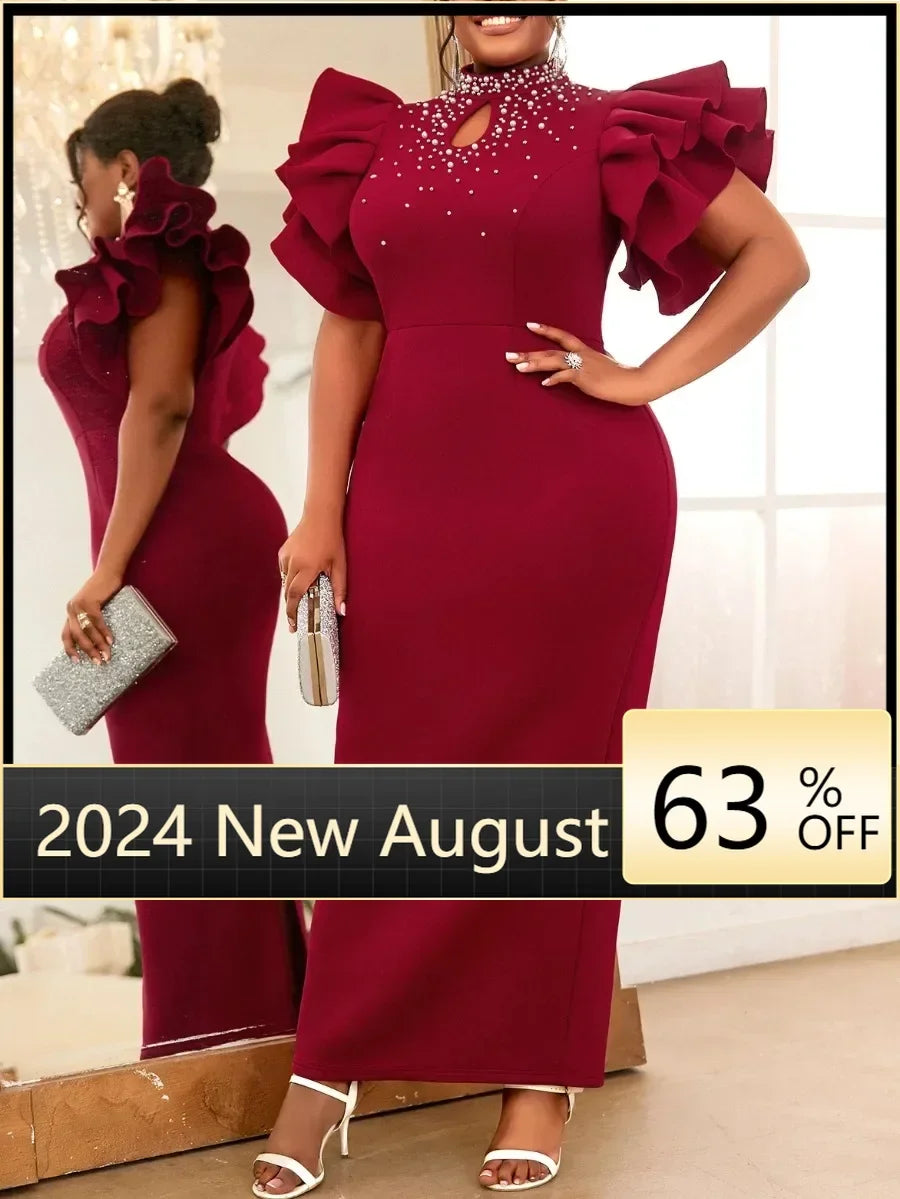 Maxy Customized Wedding Guest Dresses for Women Party Mock Neck Beads Ruffle Short Sleeve Birthday Elegant Summer Homecoming Prom Eve