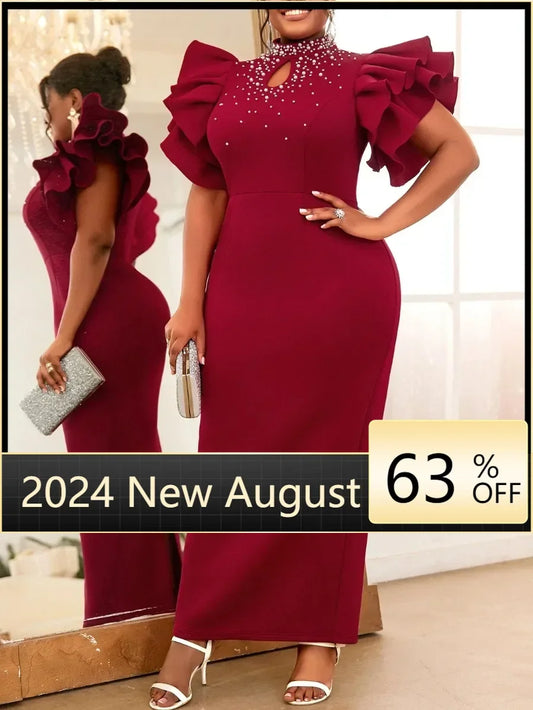Maxy Customized Wedding Guest Dresses for Women Party Mock Neck Beads Ruffle Short Sleeve Birthday Elegant Summer Homecoming Prom Eve