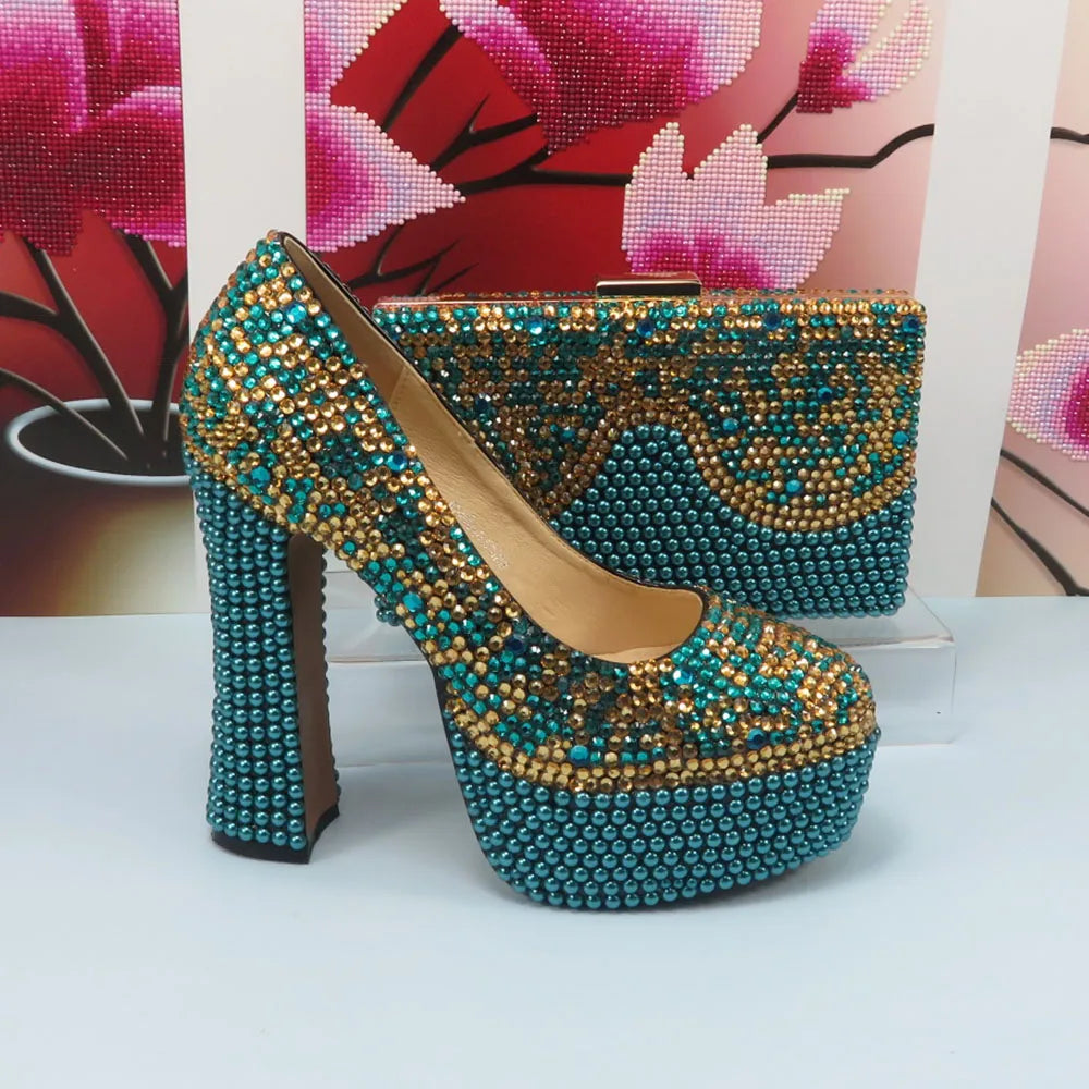 Maxy Fashion Teal Blue Mix Color Wedding Shoes and bag Set Woman 14CM High Pumps Thick Heel Party Shoes Matching Bag Round Toe Pumps