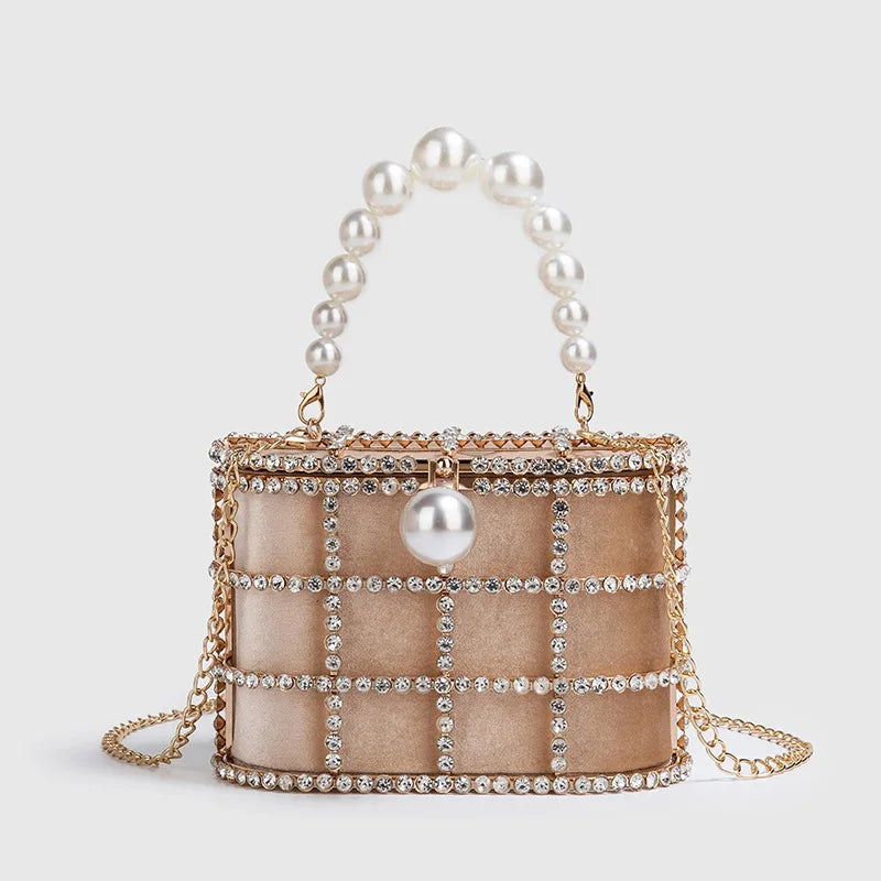 Maxy Luxury Diamond Metal Bucket Pearl Handle Women Party Clutch Purses and Handbags French design Ming Ai Wedding Chain Shoulder Bag