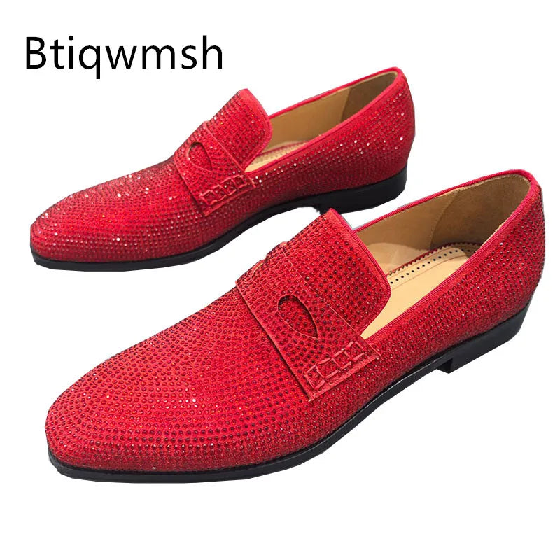 Visco Red Rhinestone Shoes Man Pointed Toe Eyes Decor Slip On Flats Male Fashion Wedding Shoes