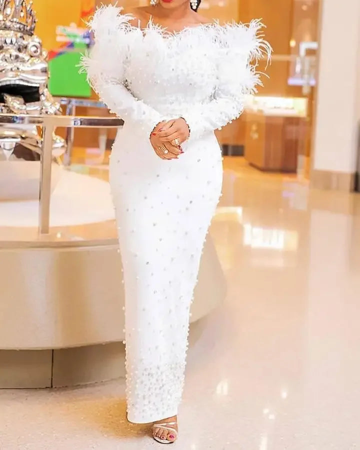Maxy White Dress for Women Elegant Lady Wedding Evening Party Dresses Spring and Autumn Long Sleeve Clothes Plus Size