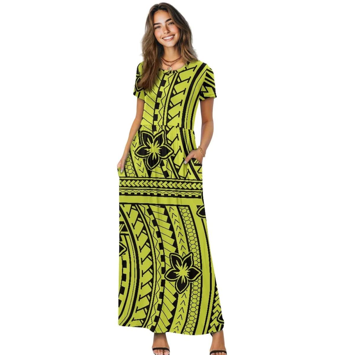 Maxy New Plumeria Style Short Sleeve Pleated Casual Dress Polynesian Loose Pocket Long Dress Women's Casual Comfortable