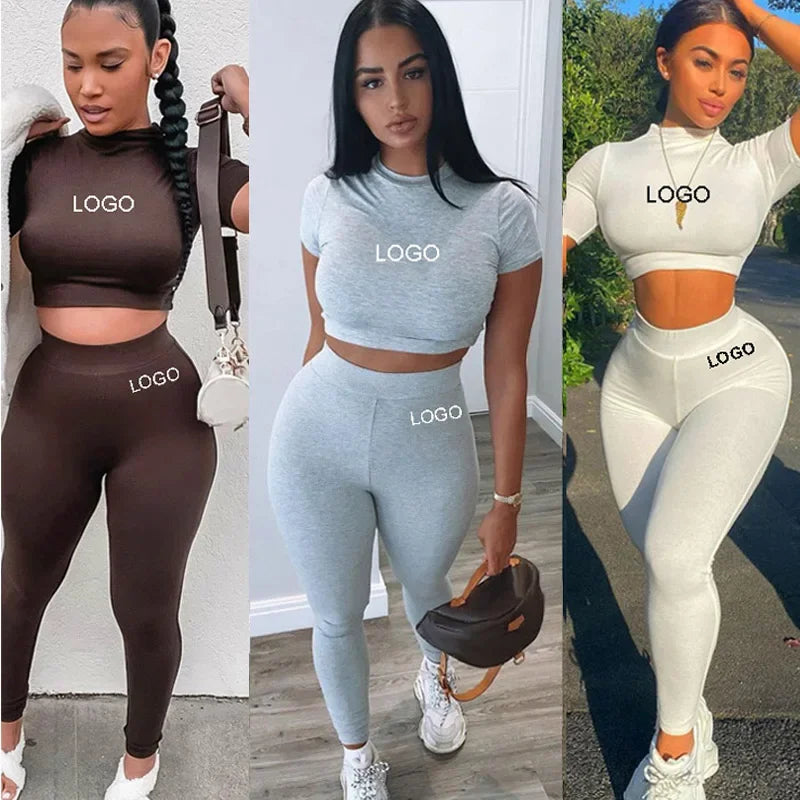 Maxy Custom Women Clothing ladies' suit Two Piece Fitted Pants and crop Set Short Sleeve Skinny Crop Top Jogger Sweatpants Set Women