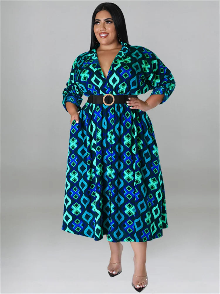 Maxy Plus Size Dresses for Women with Belt V Neck Print Casual Maxy Dress Elegant Fashion Streetwear