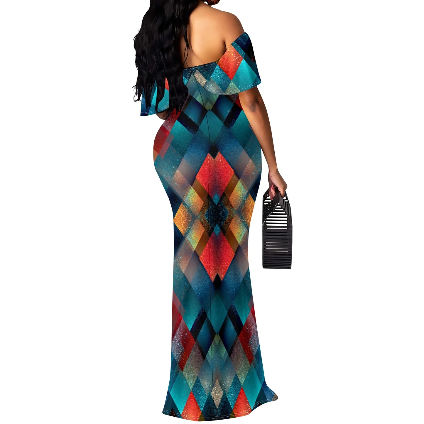 Maxy Sparkle Diamond Print Maxy Dress S-3XL Off Shoulder Bodycon Mermaid Style for New Year’s Eve, Holiday Dinner or Glam Party Look