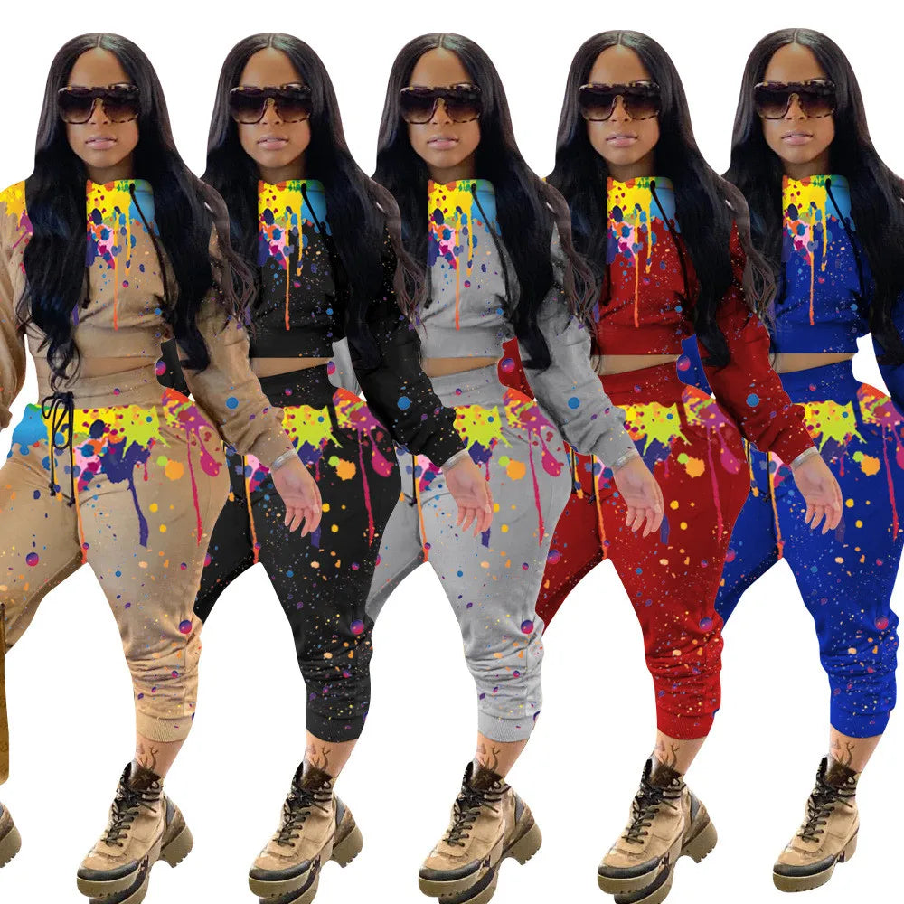 Maxy Splash-ink Print Sweat Suits Women Set Hoodies Sweatshirt and Sweatpants Set Two Piece Set Tracksuit Female Matching Set Outfits