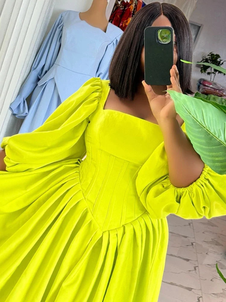 Spring/Autumn New Solid Color Square Collar Lantern Sleeve High Waist Slimming A-line Pleated Dress for Vacation Women's Wear