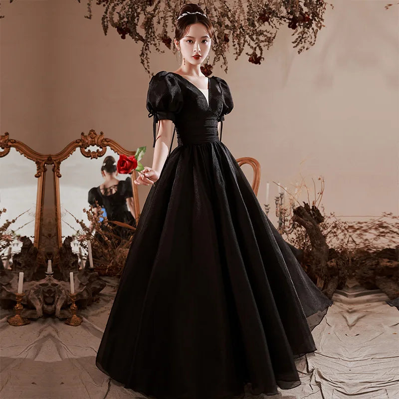 Maxy Summer Banquet Evening Dress Skirt Female Green Black Puff Sleeve Waist Elegant French Court Style Long Dress New Style