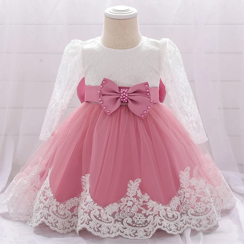 Maxy Baby Girl Baptism Newborn Photography Clothing Toddler Birthday Summer Dress Kids Christening Long Sleeve Lace Bow Ball Gown