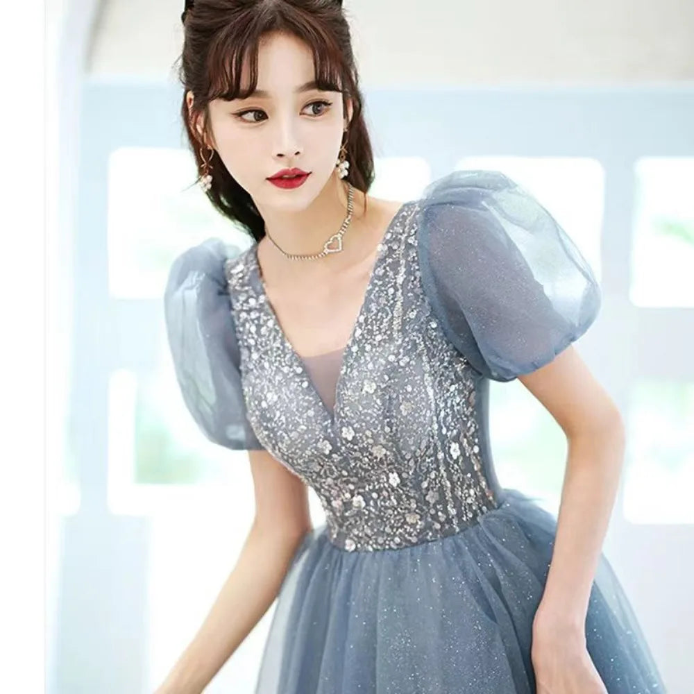 Maxy Puff Sleeve Long Prom Evening Dress for Women Mesh Party Formal Host Princess Evening Dresses Woman Elegant Glitter Party Gown