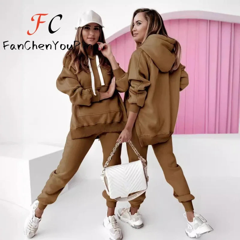 Maxy Fashion New Women's Set Autumn Winter Loose Solid Slits Pockets Hooded Pullover Elastic Waist Casual Pants Two-piece Hoodies Set