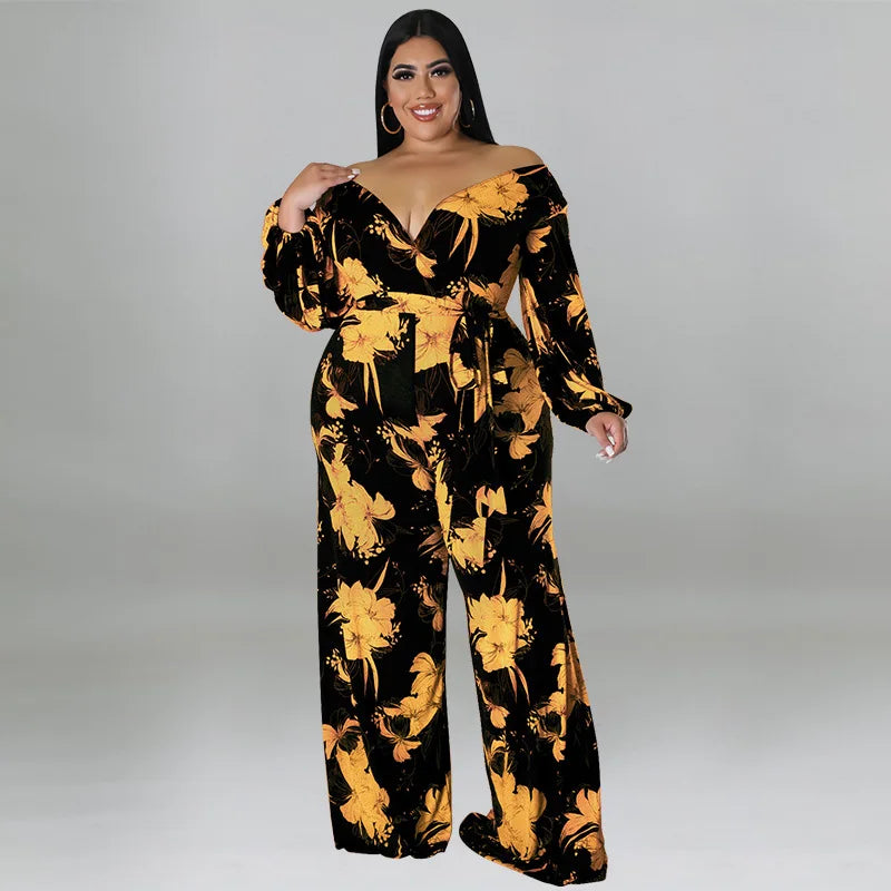 Amay Plus Size Floral Print Jumpsuit Female Casual Loose Elegant Clothing Women One Piece Outfit Autumn Fashion Wide Leg Pants