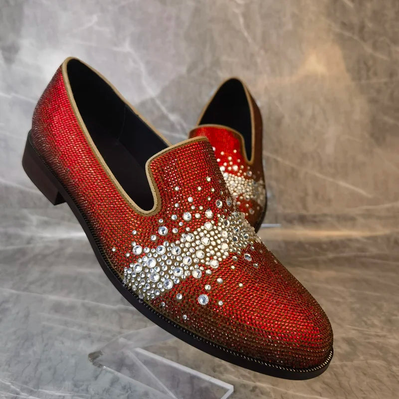 Visco Fashion Rhinestone Loafers For Man Luxury Leather Shoes Slip On Italian Dress Shoes Men Handmade Wedding And Party Shoes