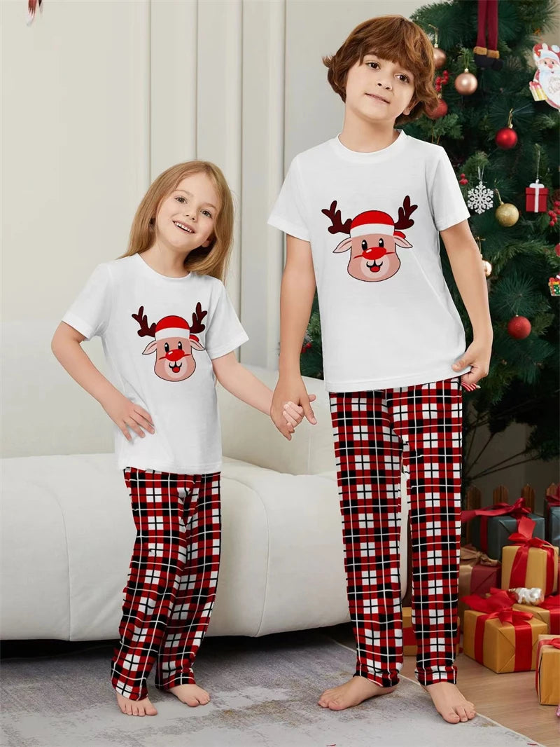 Short Sleeve Christmas Family Matching Outfits Elk Father Mother Kids Pajamas Sets Plaid Daddy Mommy and Me Xmas Clothes 2024