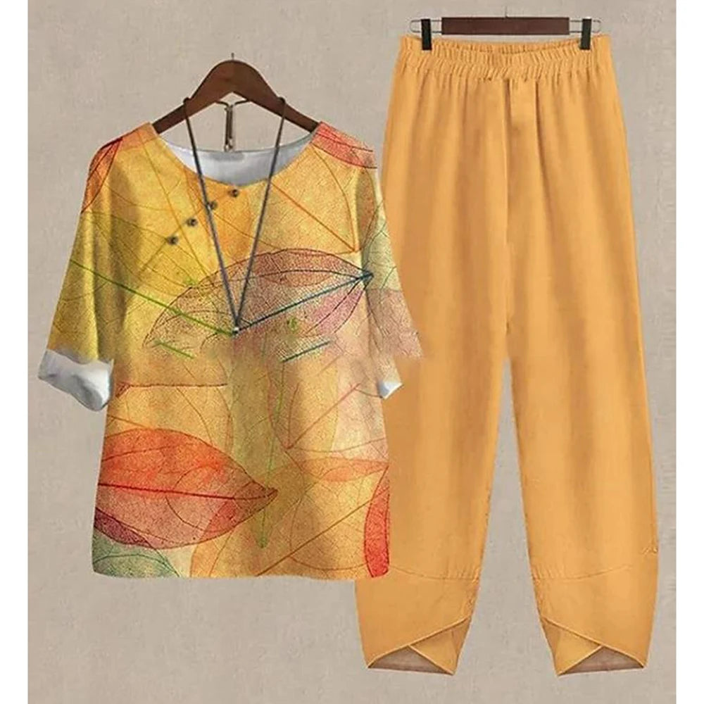 Maxy Leaf Printing Women O Neck Short Sleeve Suit Elegant High Waist Pants Fashion Top&Pants Set Casual Outfits Two Piece Sets Summer