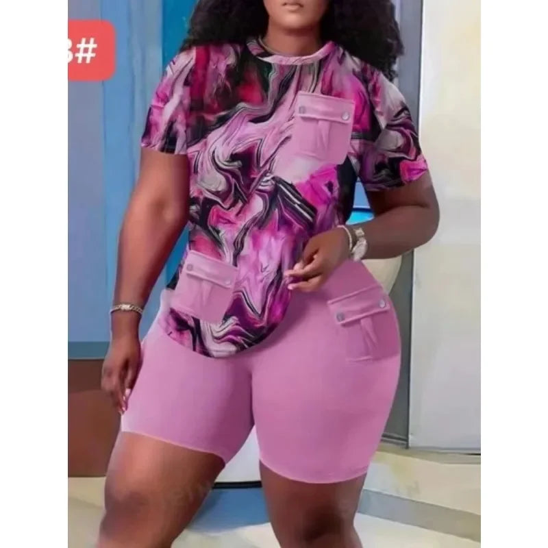 Maxy Two Piece Sets Women Short Pant Set Print Round Neck Casual Tops Sheath High Waist Shorts Pants Casual Slim Fit Summer