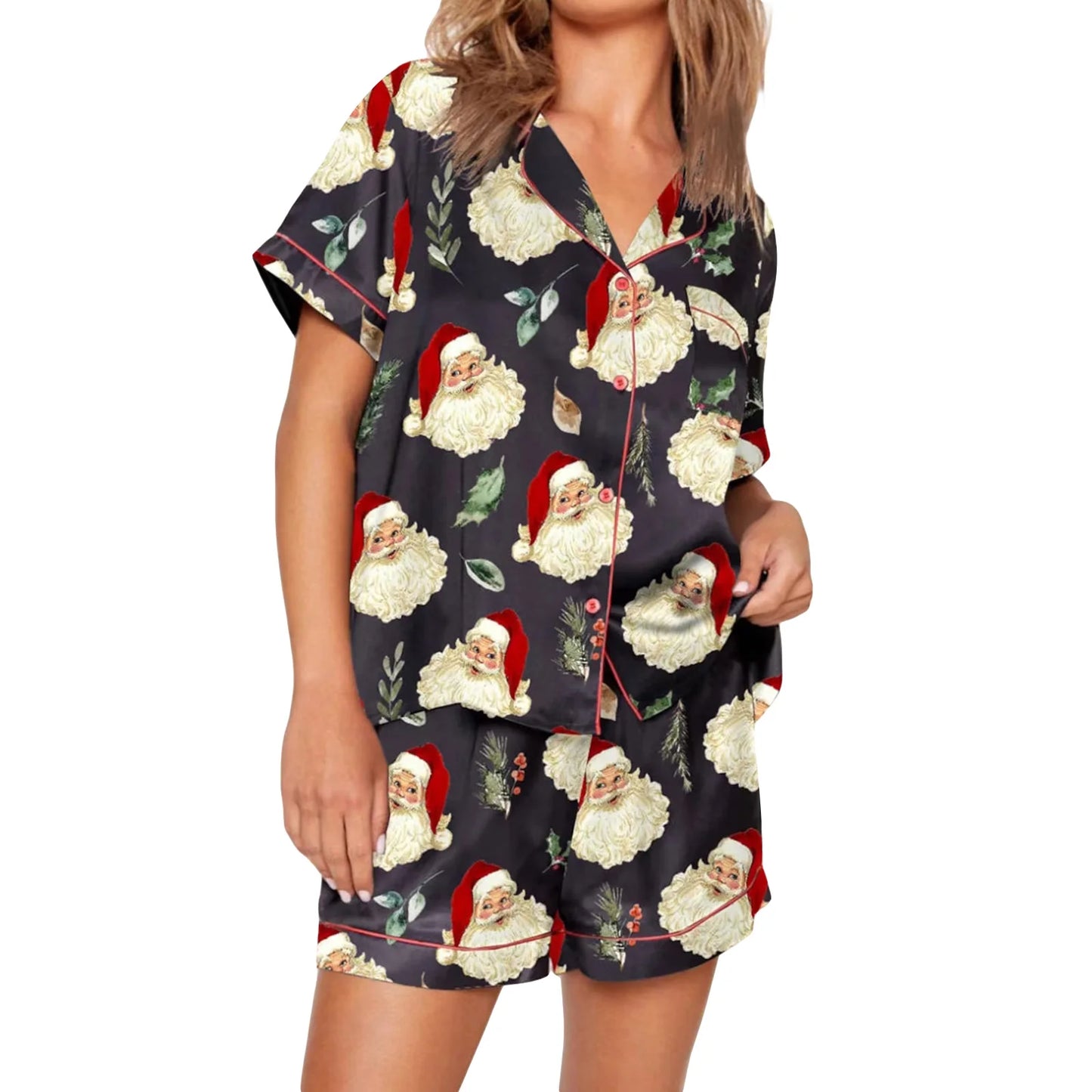 Women s Christmas Pajama Set Lapel Neck Short Sleeve Tops Elastic Waist Shorts Santa Claus Avatar Print Sleepwear Outfits