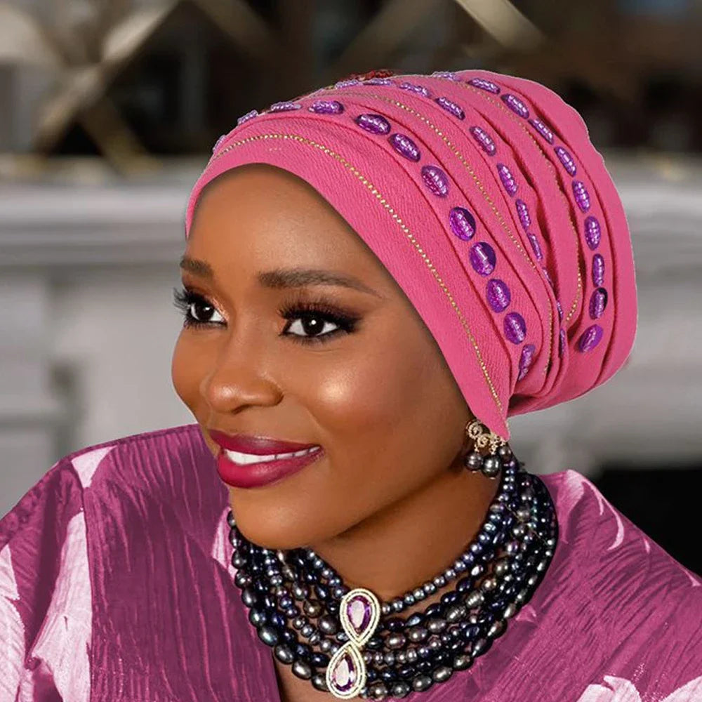 Maxy New Diamonds Turban Cap for Women Muslim Hijab Bonnet Headscarf Nigeria Geles Wedding Hat African Auto Gele Head ties Head Wrap
