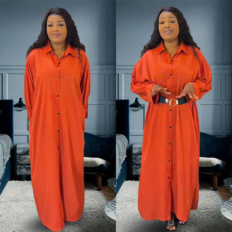 Amay Dress Women's Long Shirt Loose Robe Casual Nigeria Africa Clothes Hot Diamond Muslim Maxy Long Sleeve Dress Abaya Femme