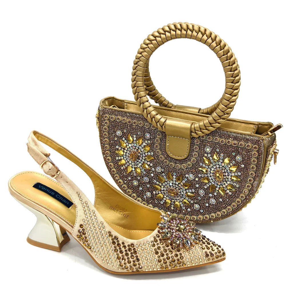 Visco Italian Design Fashion Luxury Women's Shoes and Purse Full Diamond Decoration Big Capacity Hand Bag