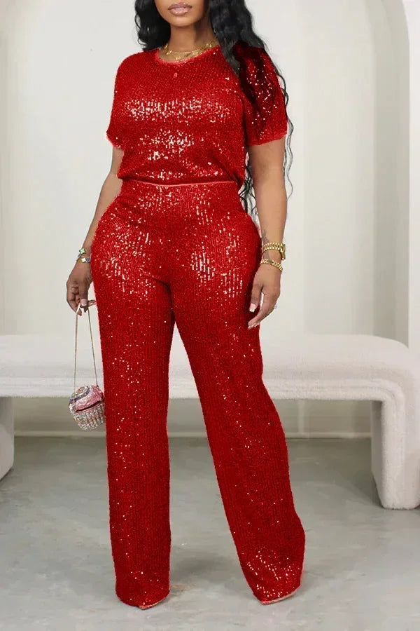 Maxy Autumn Casual Sequin Two Piece Set for Women Fashion Solid Short Sleeved Tshirt Wide Leg Pants Sequin Two Piece Set Women