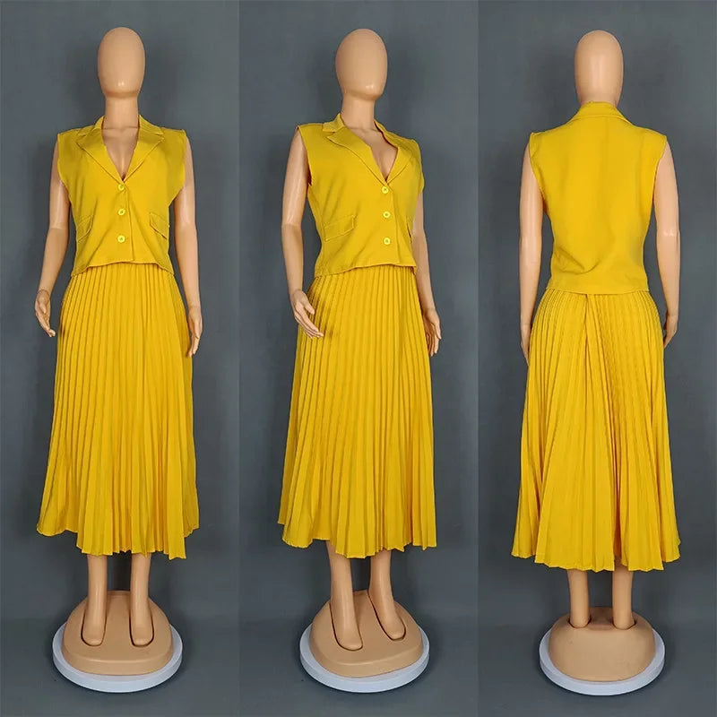Maxy 2 Piece African Clothes for Women Summer Elegant African Sleeveless V-neck Polyester Top Pleat Skirts Dashiki African Clothes